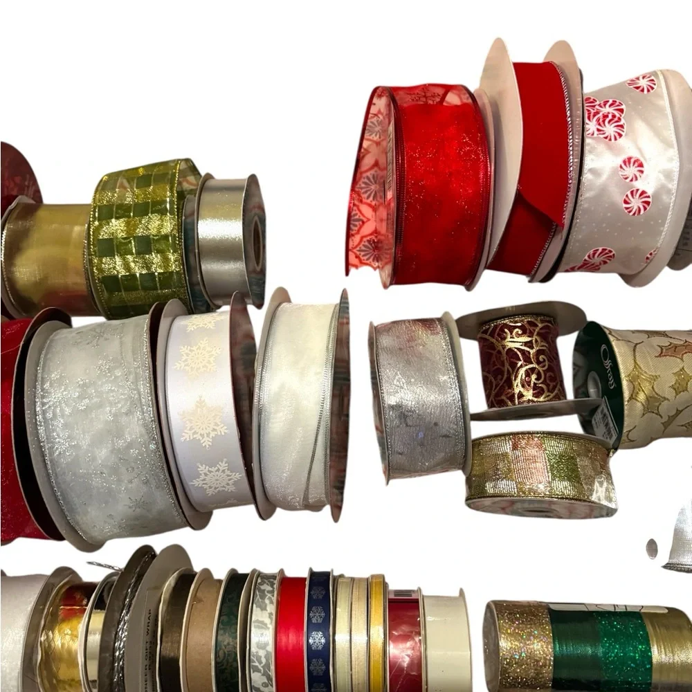 47 Rolls of Christmas/Holiday Ribbon - New & Vintage Lot for Crafts Packages
